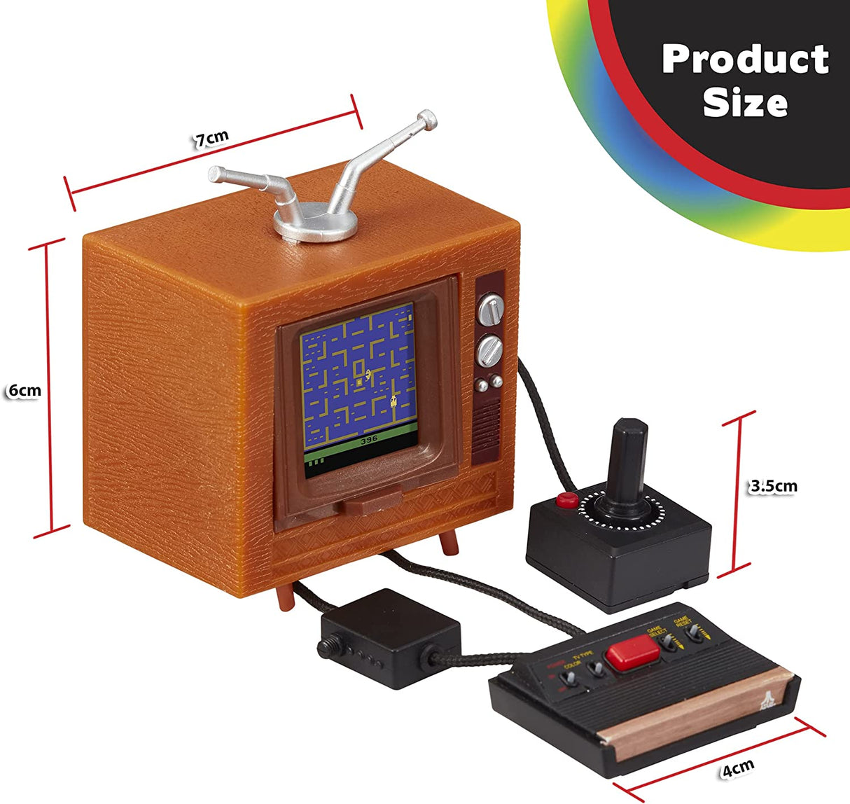 Atari Tiny! miniature retro TV and joystick console showing Pac-Man game with product size dimensions.