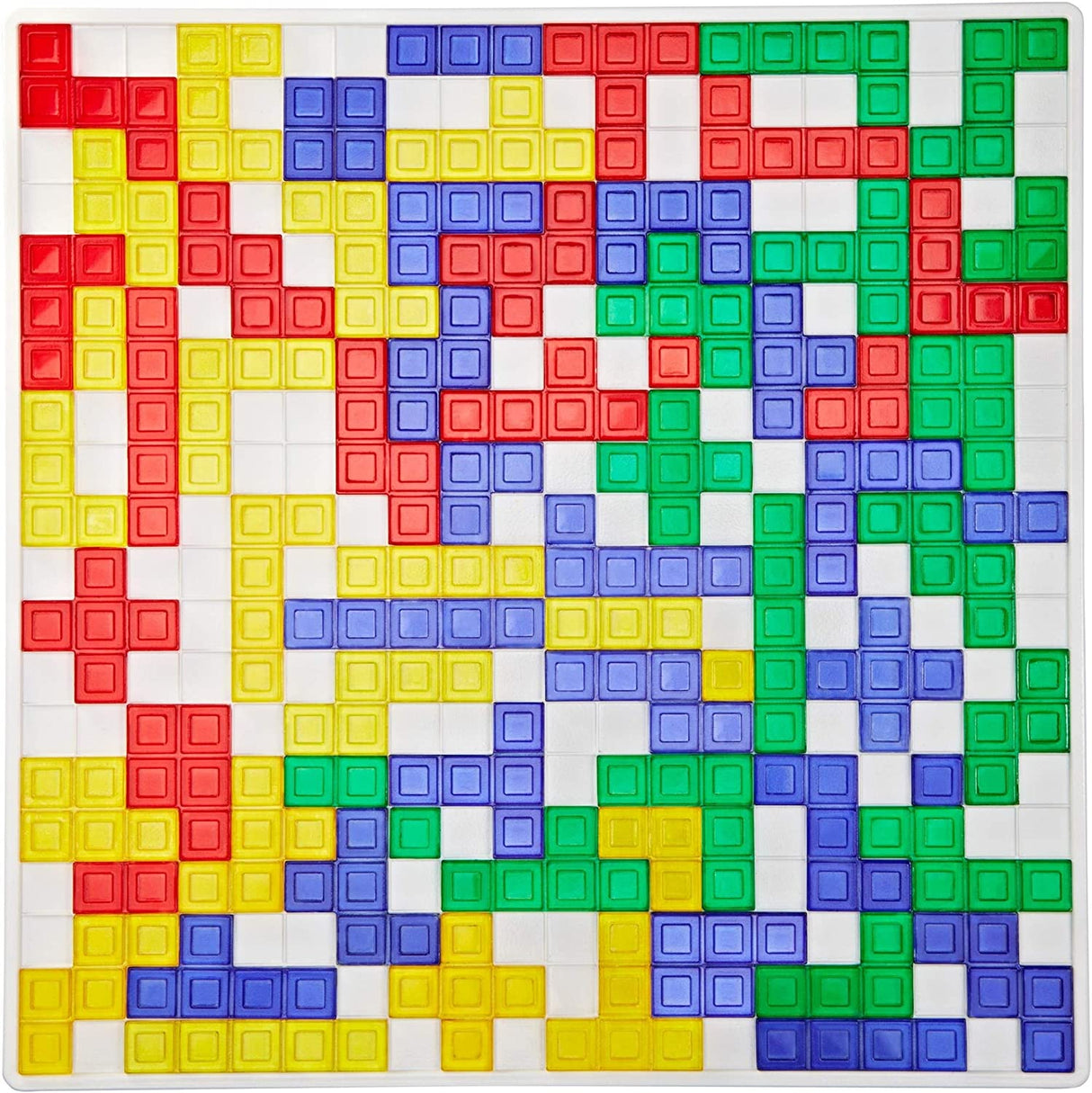 Blokus strategy game showing colorful red, blue, green, and yellow pieces placed on the board in a family-friendly setup.