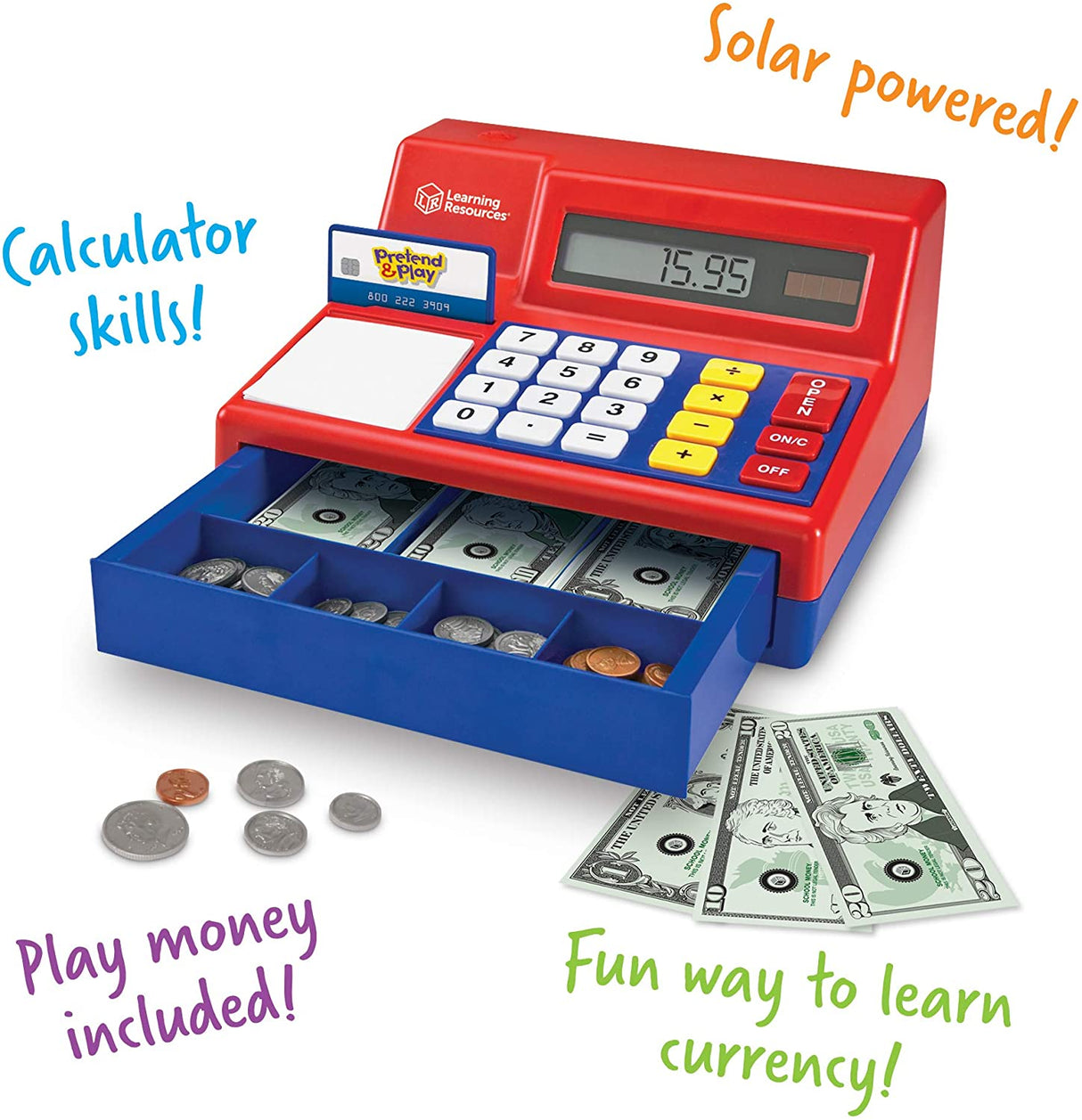 Cash Register toy with solar-powered calculator, pretend bills, coins, credit card, and open cash drawer for kids.