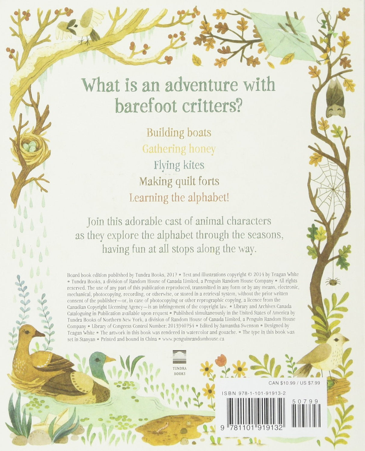 Back cover of Adventures With Barefoot Critters ABC showing nature illustrations and playful animal characters exploring activities.
