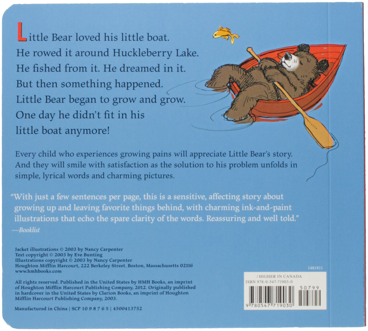 Back cover of Little Bear's Little Boat showing Little Bear relaxing in his small red boat on a lake.
