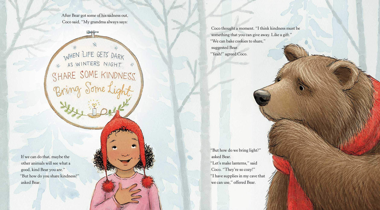 Illustration from "Share Some Kindness, Bring Some Light" showing Coco and Bear planning to share kindness and light together.