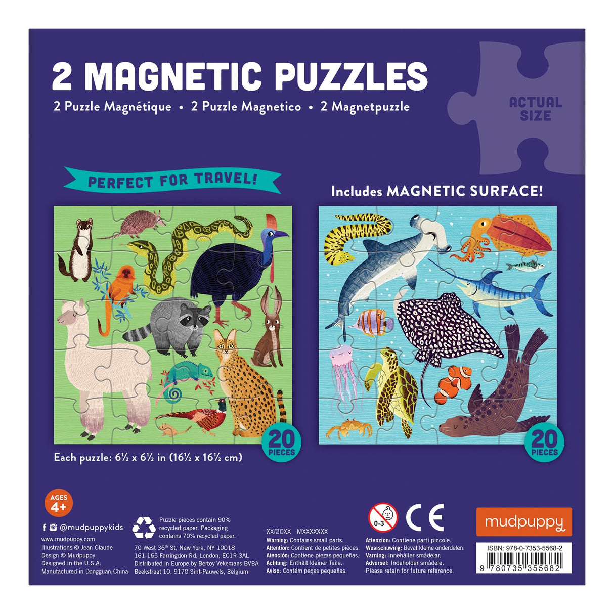 20pc Land & Sea Animals Magnetic Puzzle with 2 travel-friendly 20-piece magnetic puzzles featuring land and sea animals.