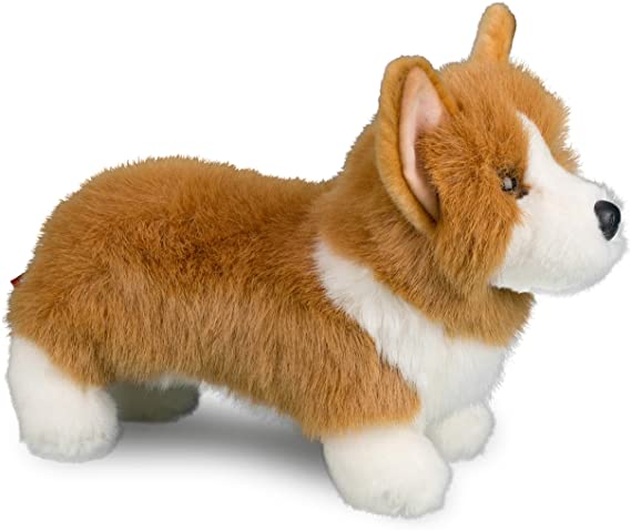 Corgi Louie plush with fluffy tan and white fur, upright ears, and stumpy paws, perfect for snuggles or play.