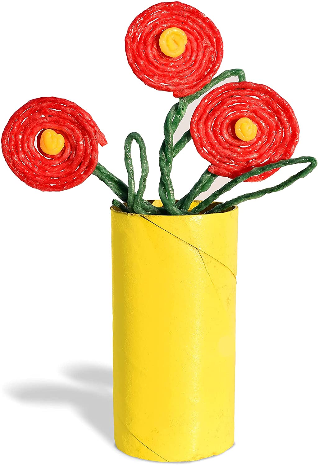 Wikki Stix Primary Pack red flowers with green stems in a yellow vase made from colorful bendable stix.