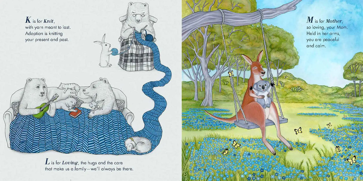 A is for Always: An Adoption Alphabet showing animal families knitting and swinging, celebrating love and care in adoption.