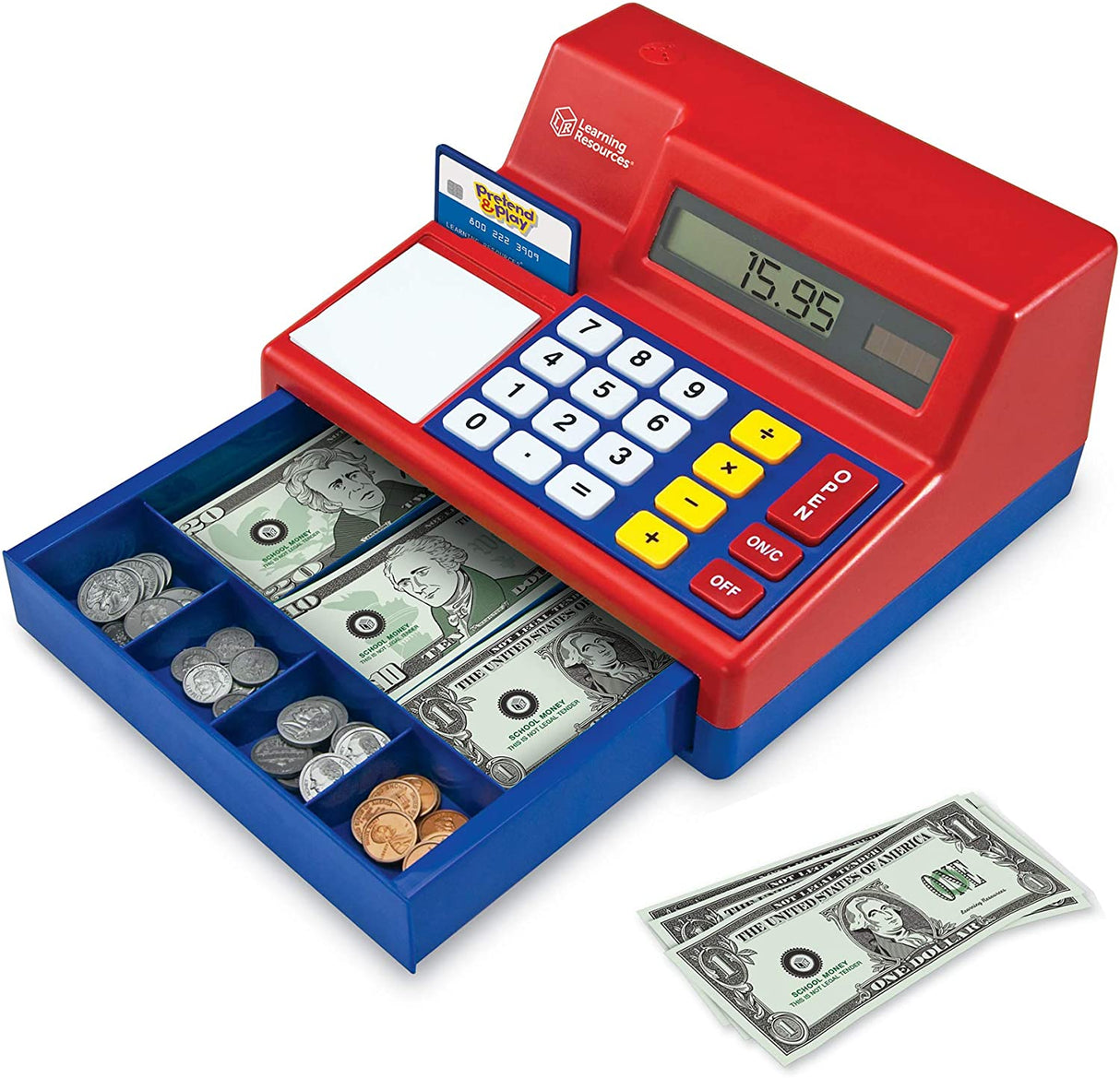 Cash Register toy with working calculator, pretend bills, coins, credit card, and open cash drawer for kids ages 3 and up.