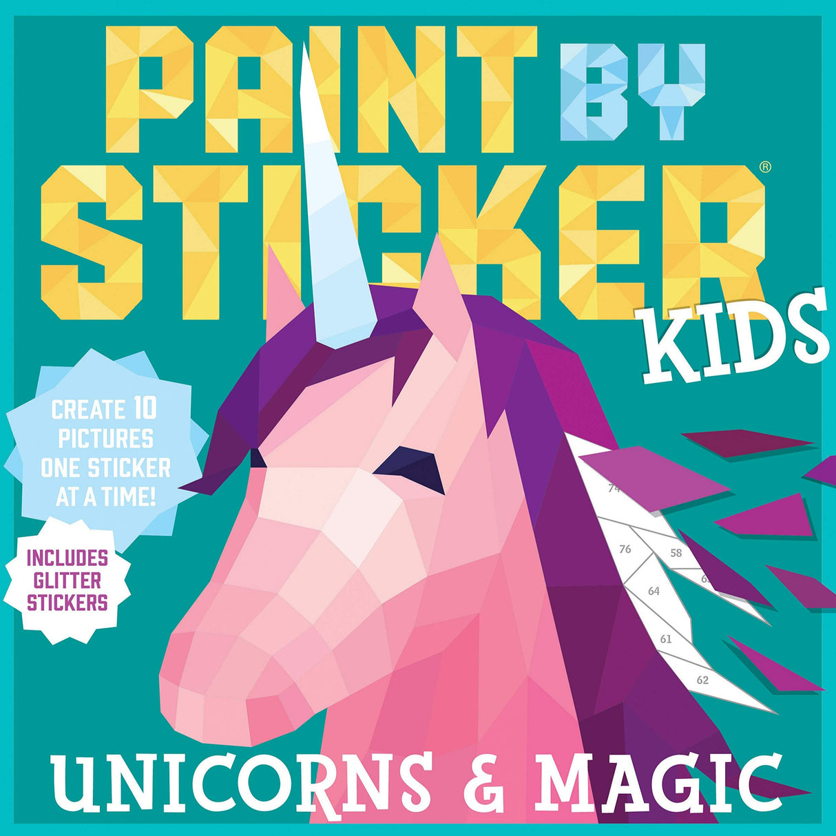 Kids Paint by Sticker Unicorns featuring a colorful unicorn design with glitter stickers for creative fun.