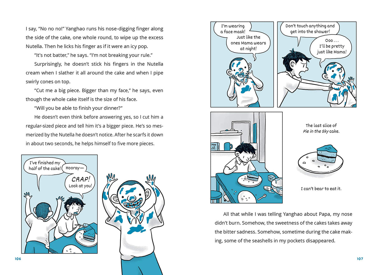 Pie in the Sky book illustration showing Jingwen and Yanghao secretly baking cakes at home.