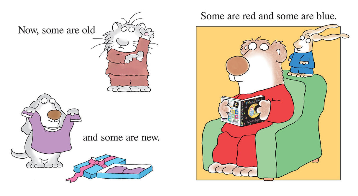 Illustrated animals in pajamas with a book reading scene from Pajama Time by Sandra Boynton for children 0-4 years.