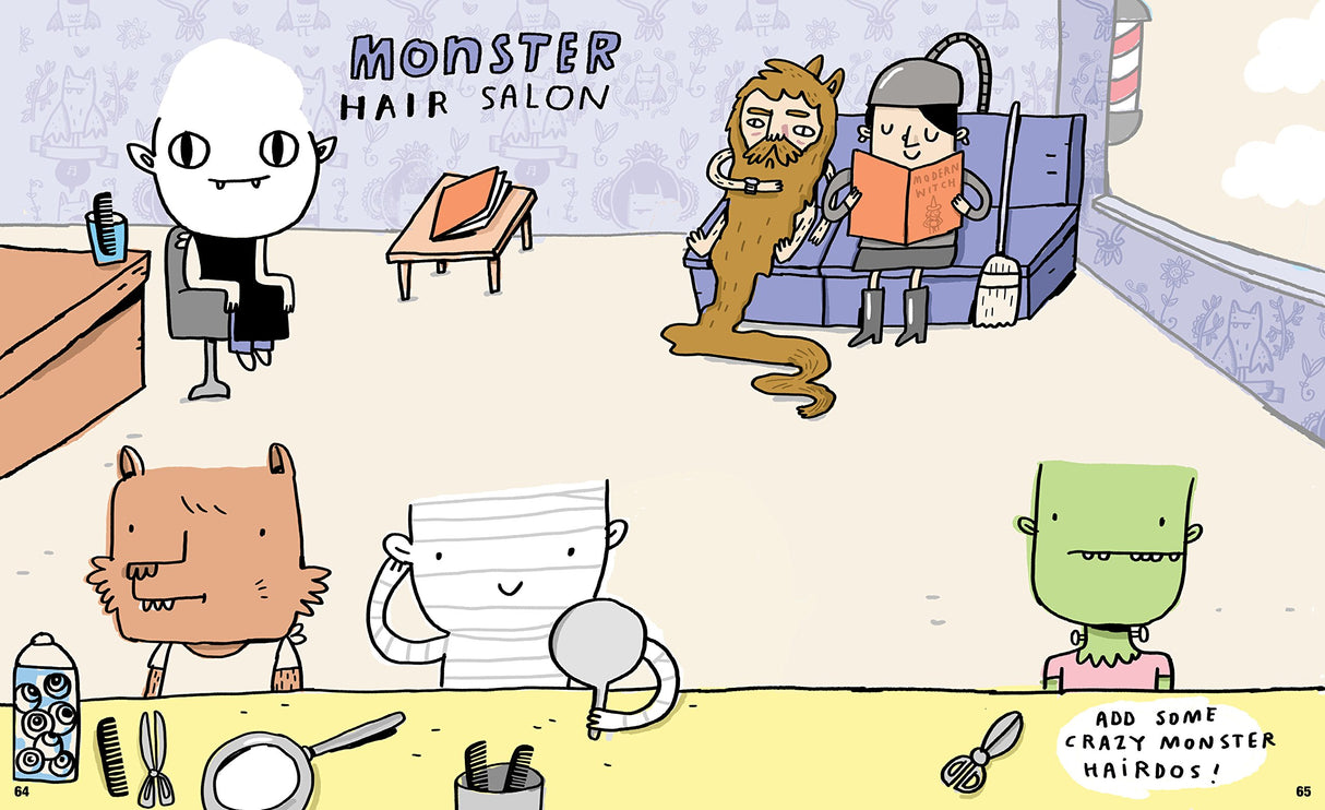Illustration from Kids' Awesome Activity Book showing quirky monsters at a monster hair salon with playful, creative designs.