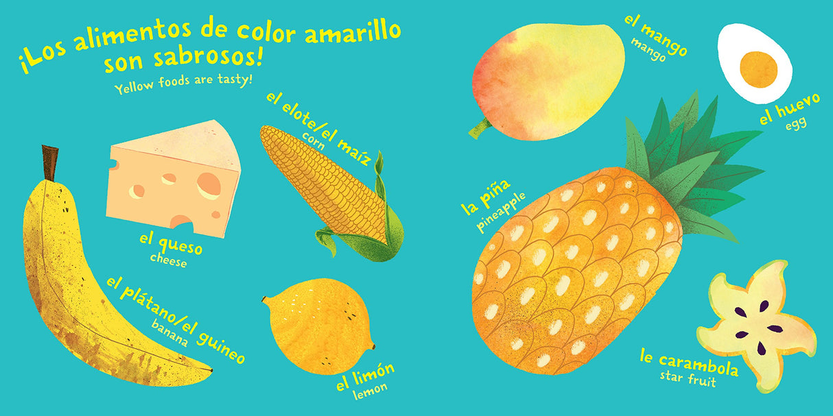 Indestructibles: Bebe, Vamos a Comer! shows colorful yellow foods including banana, cheese, corn, lemon, mango, pineapple, star fruit, and egg.