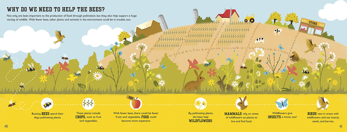 The Bee Book cover illustration showing bees in a meadow pollinating flowers with a farm and wildlife in the background.