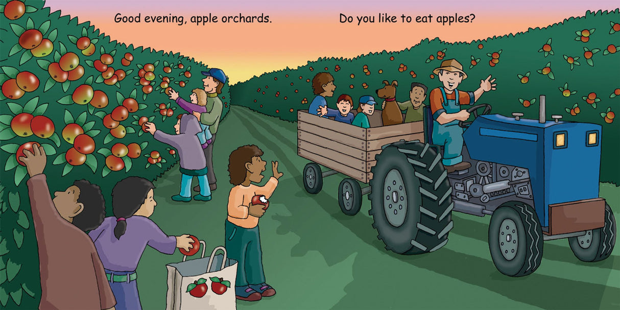 Good Night New Hampshire board book illustration of families picking apples in a vibrant orchard at sunset.