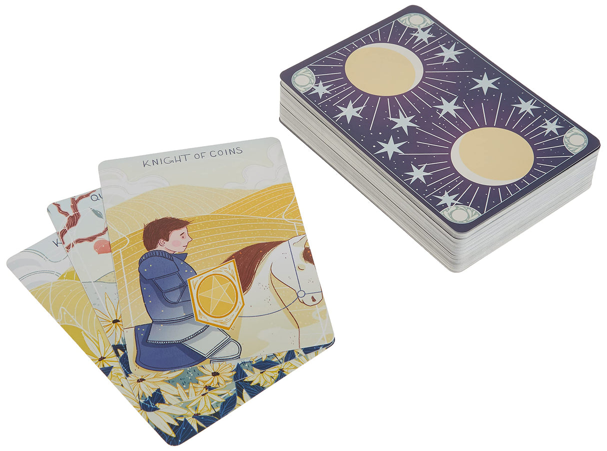 Tarot for Kids deck showing colorful illustrated cards including Knight of Coins and a starry card back design.