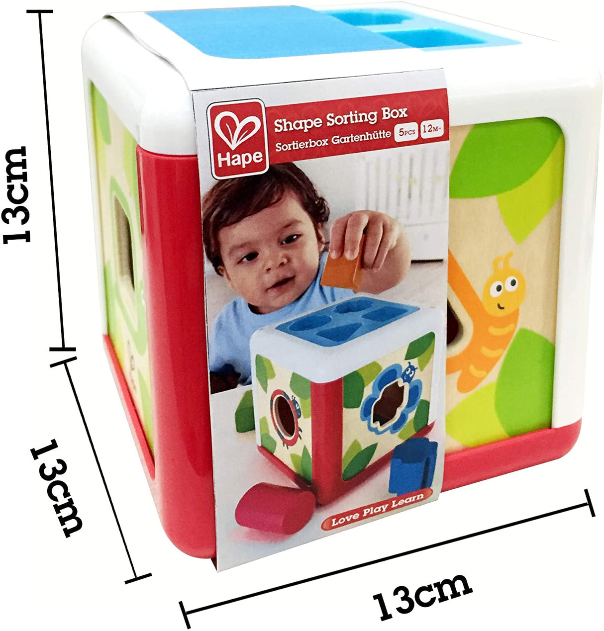 Shape Sorting Box wooden cube toy with colorful garden creature shapes for counting and sorting fun.