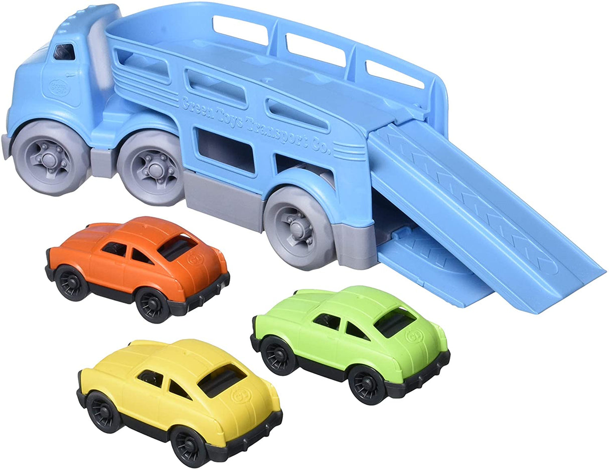 Car Carrier toy with blue double-decker truck, detachable trailer, ramps, and three colorful Mini Cars for imaginative play.