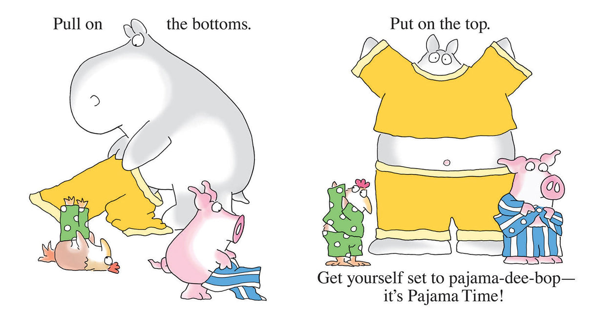 Pajama Time shows hippo, pig, and chicken in colorful pajamas getting dressed for bedtime fun.
