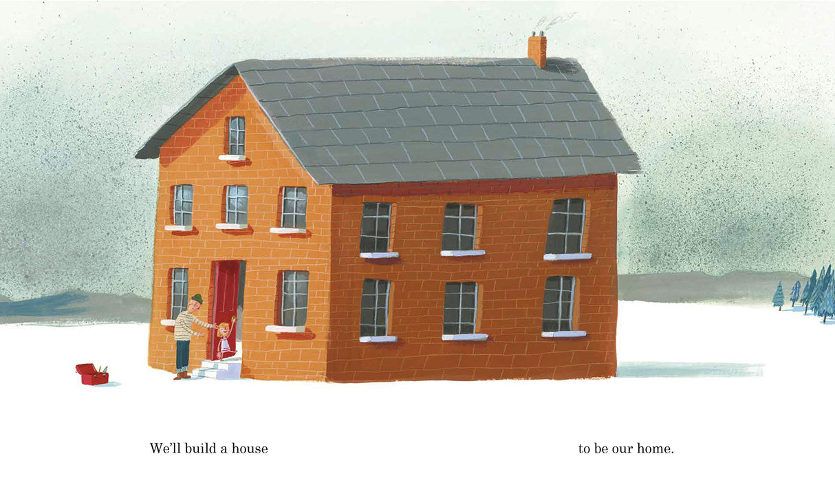 Illustration of a father and daughter building a brick house in the snow from the book What We’ll Build.