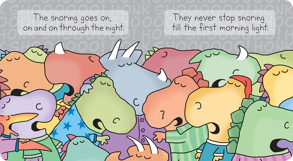 Dinosnores showing colorful dinosaurs in pajamas snoring through the night until morning light in a cozy bedtime scene.