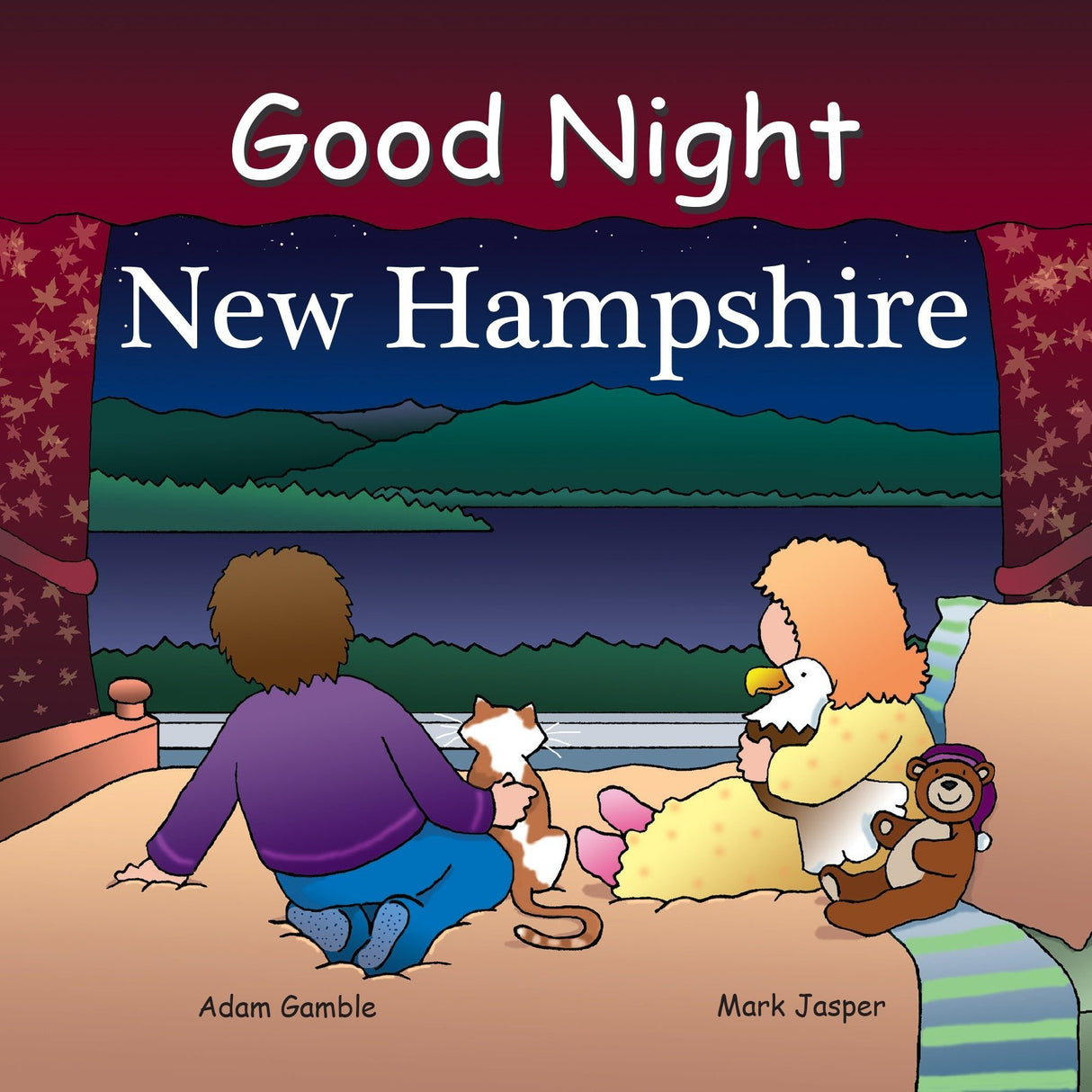Good Night New Hampshire board book cover with children, cat, eagle toy, and teddy bear looking at mountains and lake at night.