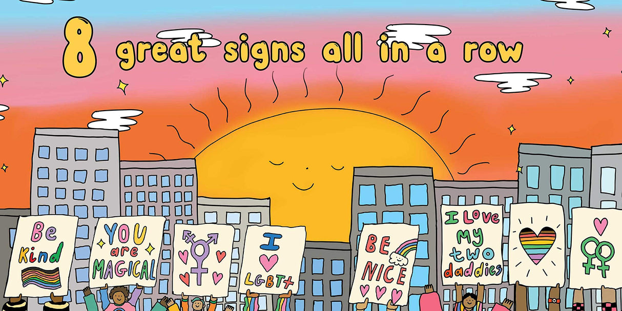 Pride 123 board book illustration with colorful signs promoting kindness, love, and LGBTQIA+ pride at sunset in a cityscape.