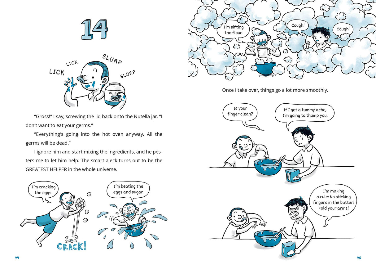 Illustration from Pie in the Sky showing two brothers baking cakes with playful expressions and flour clouds.