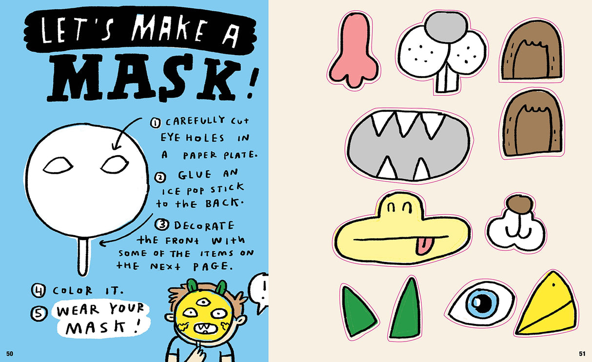 Kids' Awesome Activity Book page showing mask-making instructions and cut-out facial features for a creative craft.