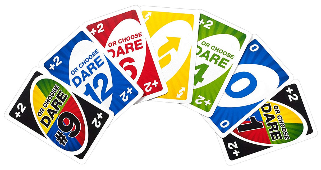 Spread of colorful Uno Dare playing cards showing numbers, colors, and dare options in the Uno Dare game.