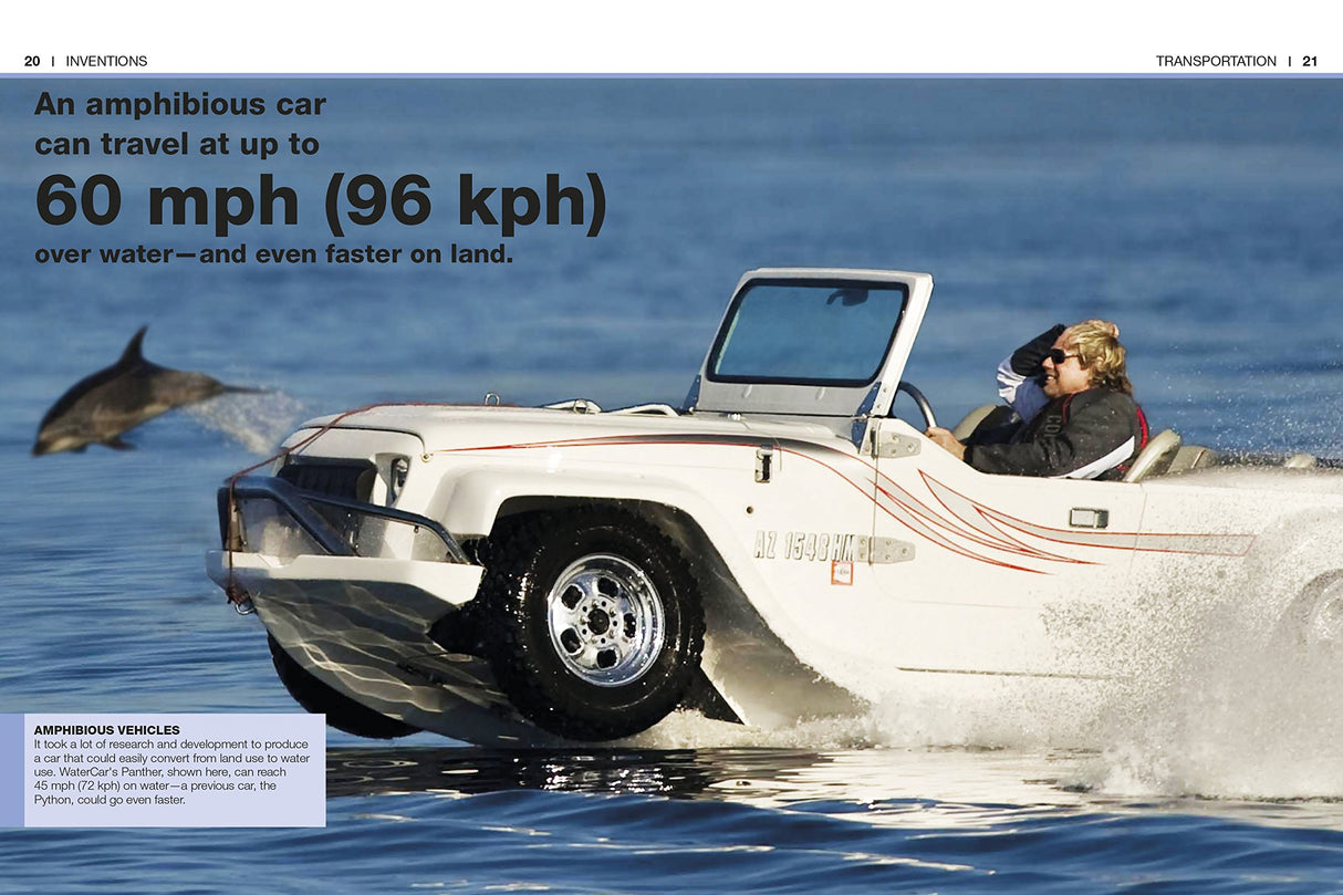 Pocket Genius Inventions showing an amphibious car traveling on water with a dolphin jumping nearby.