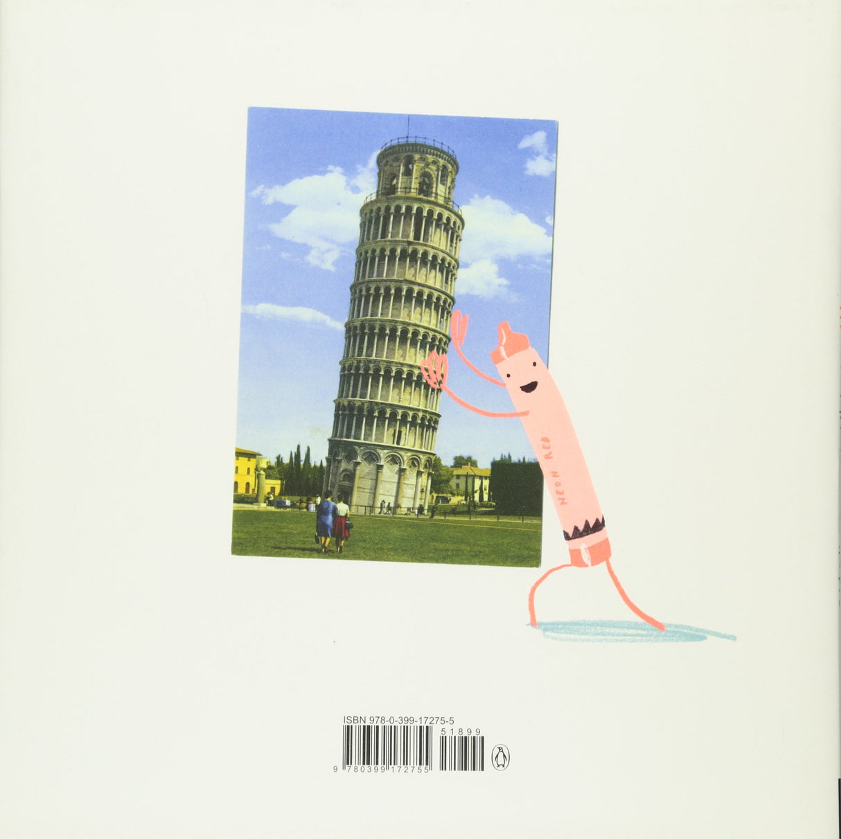 Back cover of The Day the Crayons Came Home featuring a pink crayon cartoon near the Leaning Tower of Pisa.