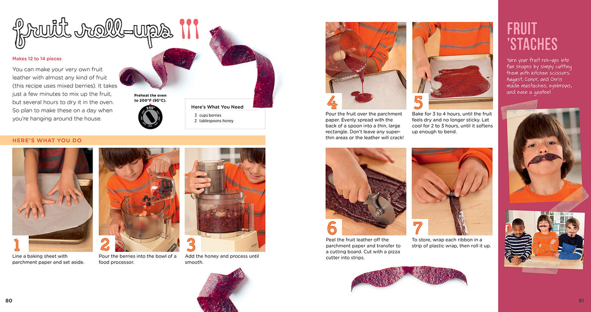 Cooking Class book pages showing kids making fruit roll-ups with step-by-step photos and instructions.