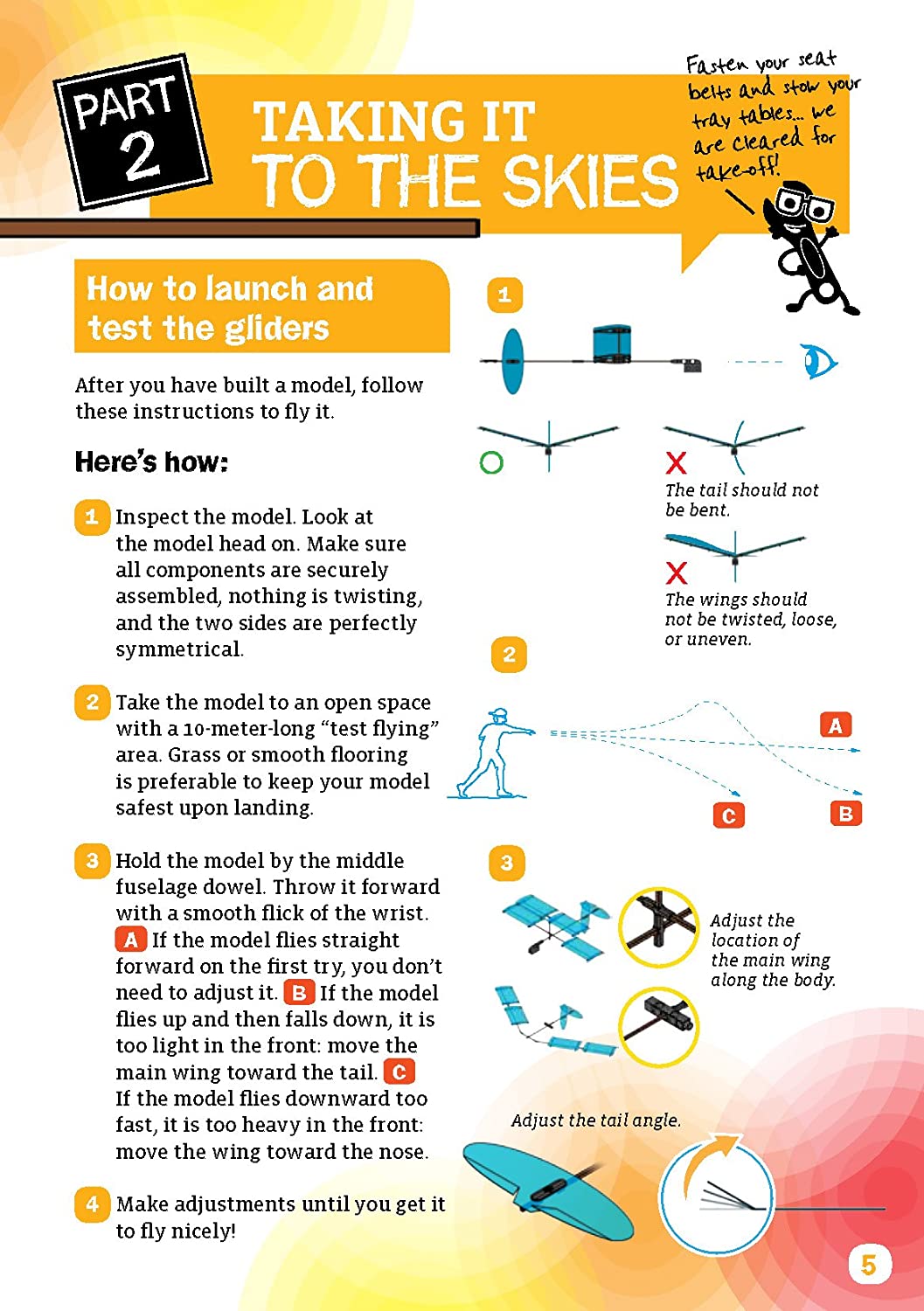 Ultralight Airplanes instructional guide showing how to launch and test flying gliders with wing and tail adjustments.
