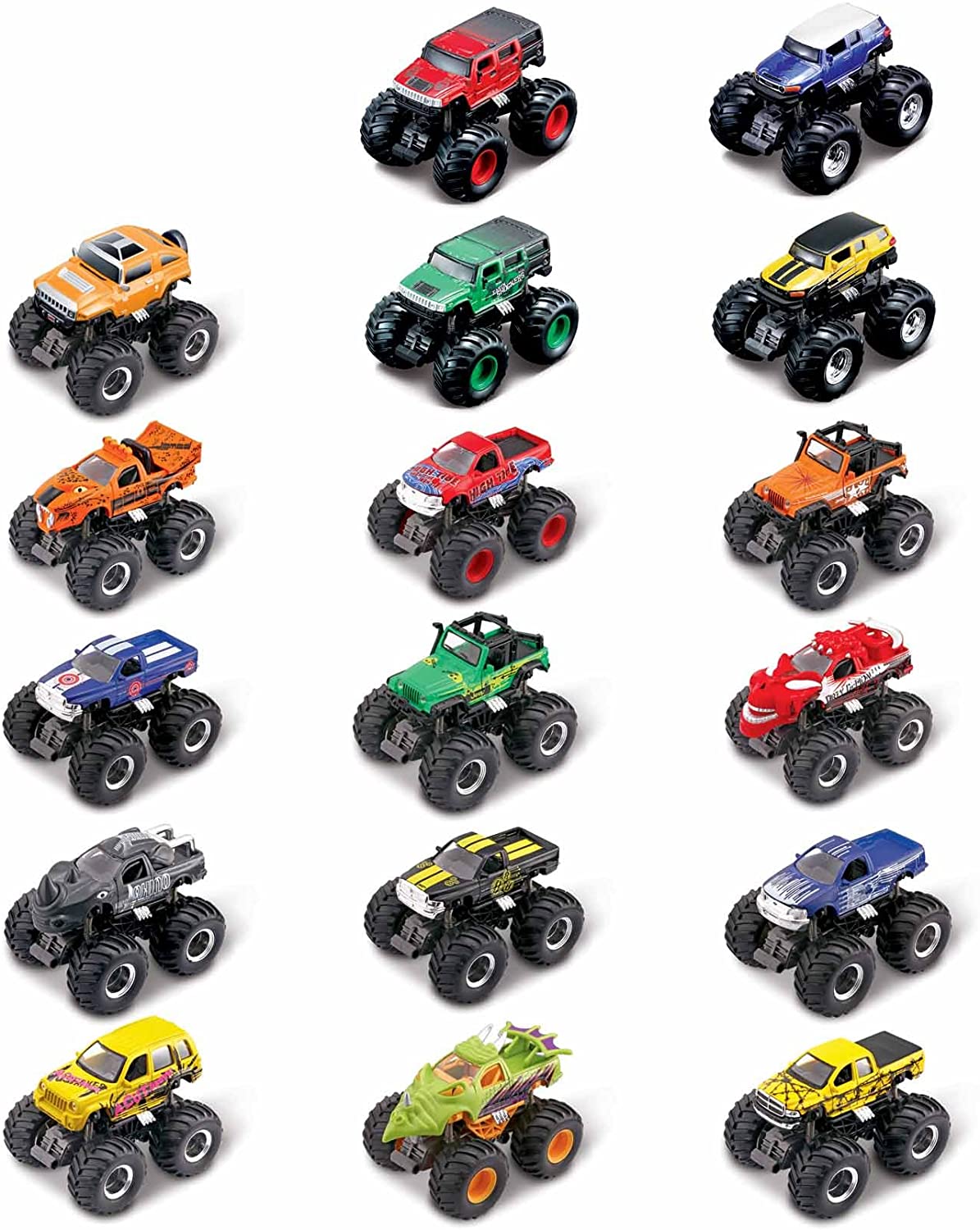 Earth Shockers Monster Truck die cast metal toy with pullback motor and giant soft tires in assorted colors.