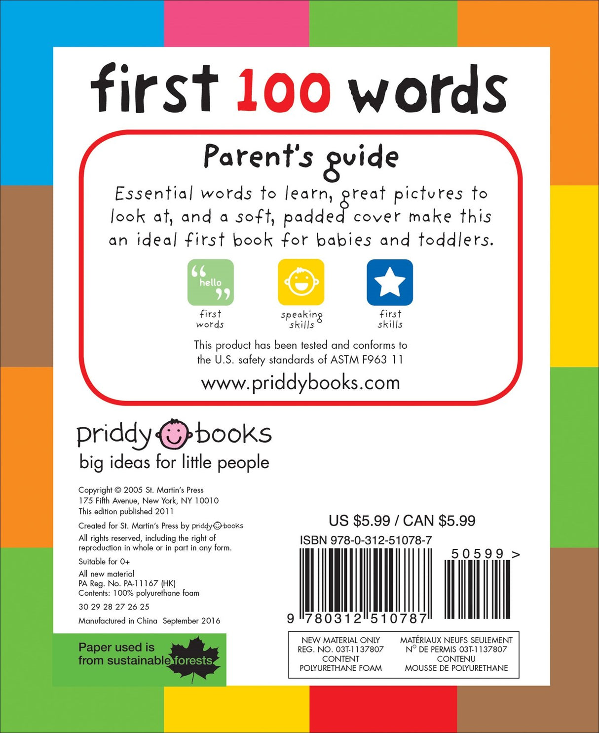 Back cover of the First 100 Words board book showing parent’s guide and colorful border design.