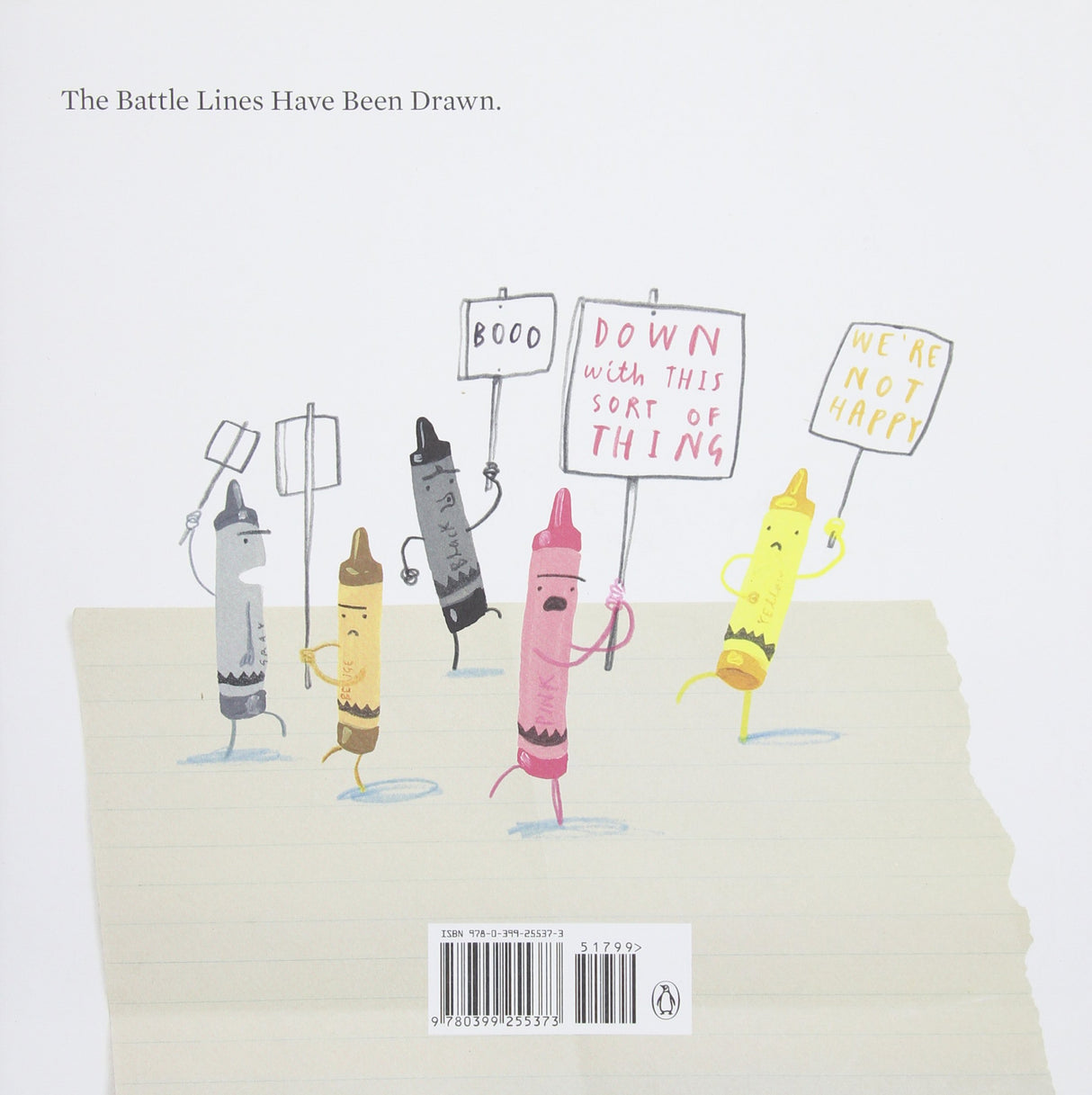 Back cover of The Day the Crayons Quit showing illustrated crayons holding protest signs in a friendly style.