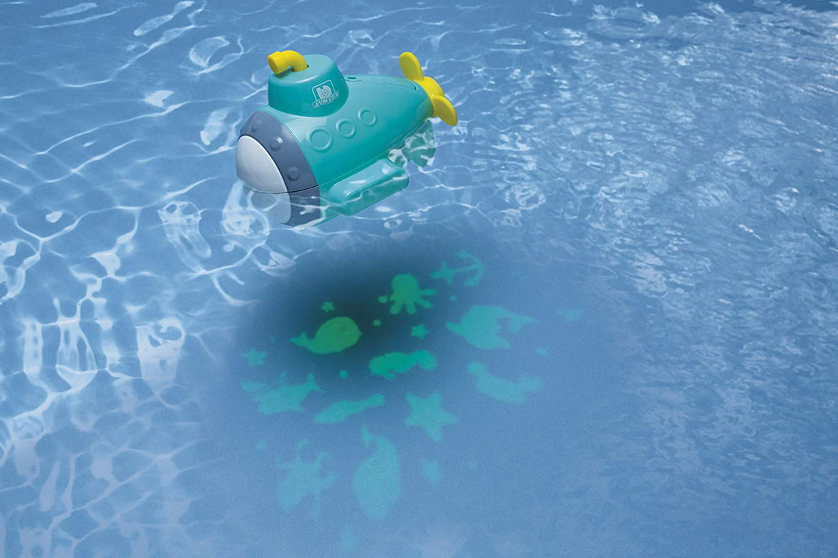Submarine Projector floating in water shining colorful undersea images onto the surface for playful bath time fun.