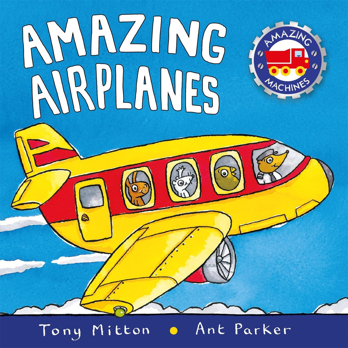 Amazing Airplanes book cover showing a bright yellow airplane with animal passengers flying in the sky.