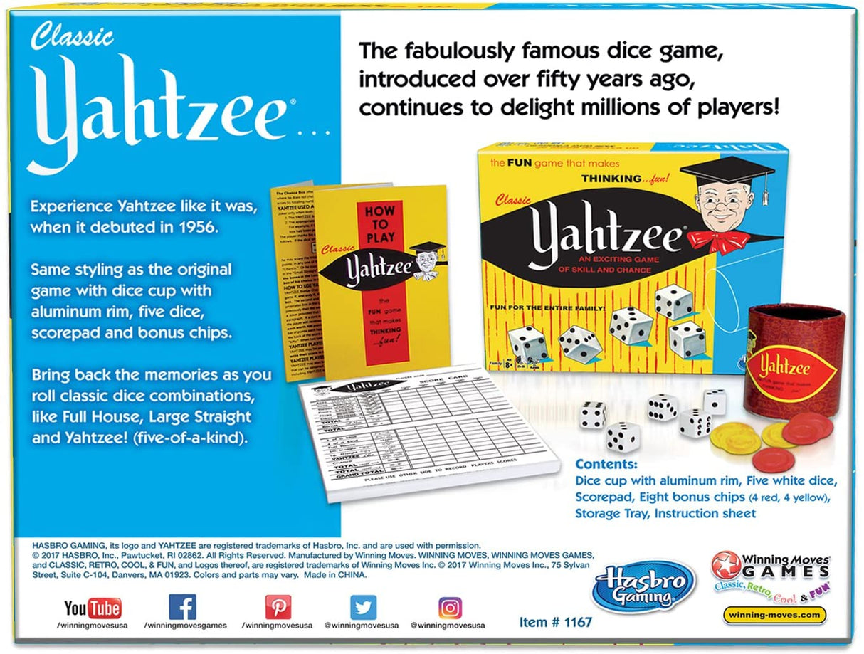Classic Yahtzee game set with dice cup, five dice, scorepad, chips, and instruction sheet in classic packaging.