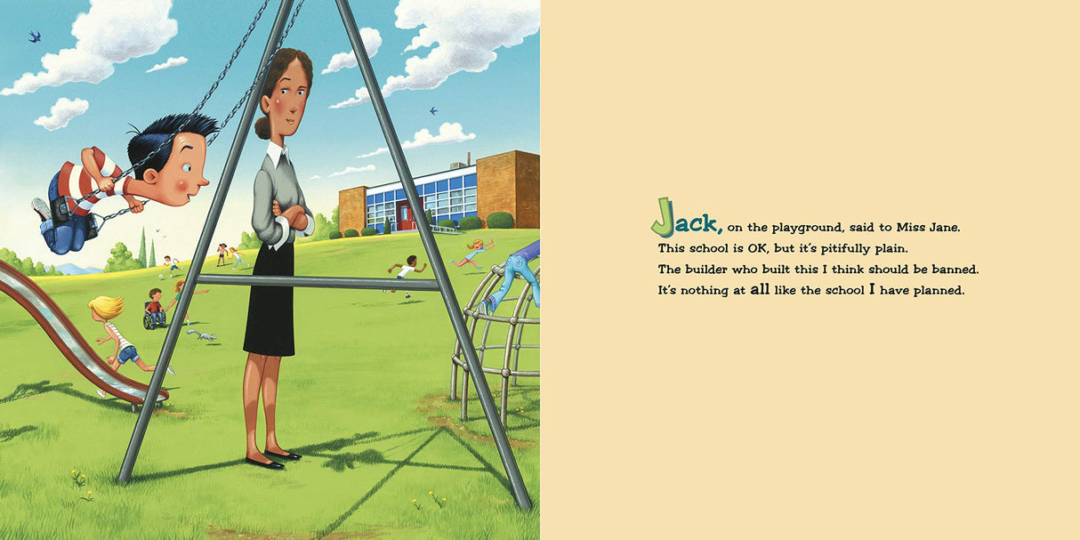 If I Built a School book illustration showing a boy on a swing talking to a teacher near a playground.