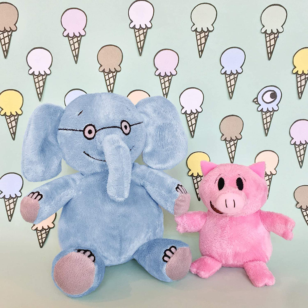 Elephant & Piggie plushies inspired by Mo Willems, soft, 7-inch tall, perfect for snuggling and storytelling.