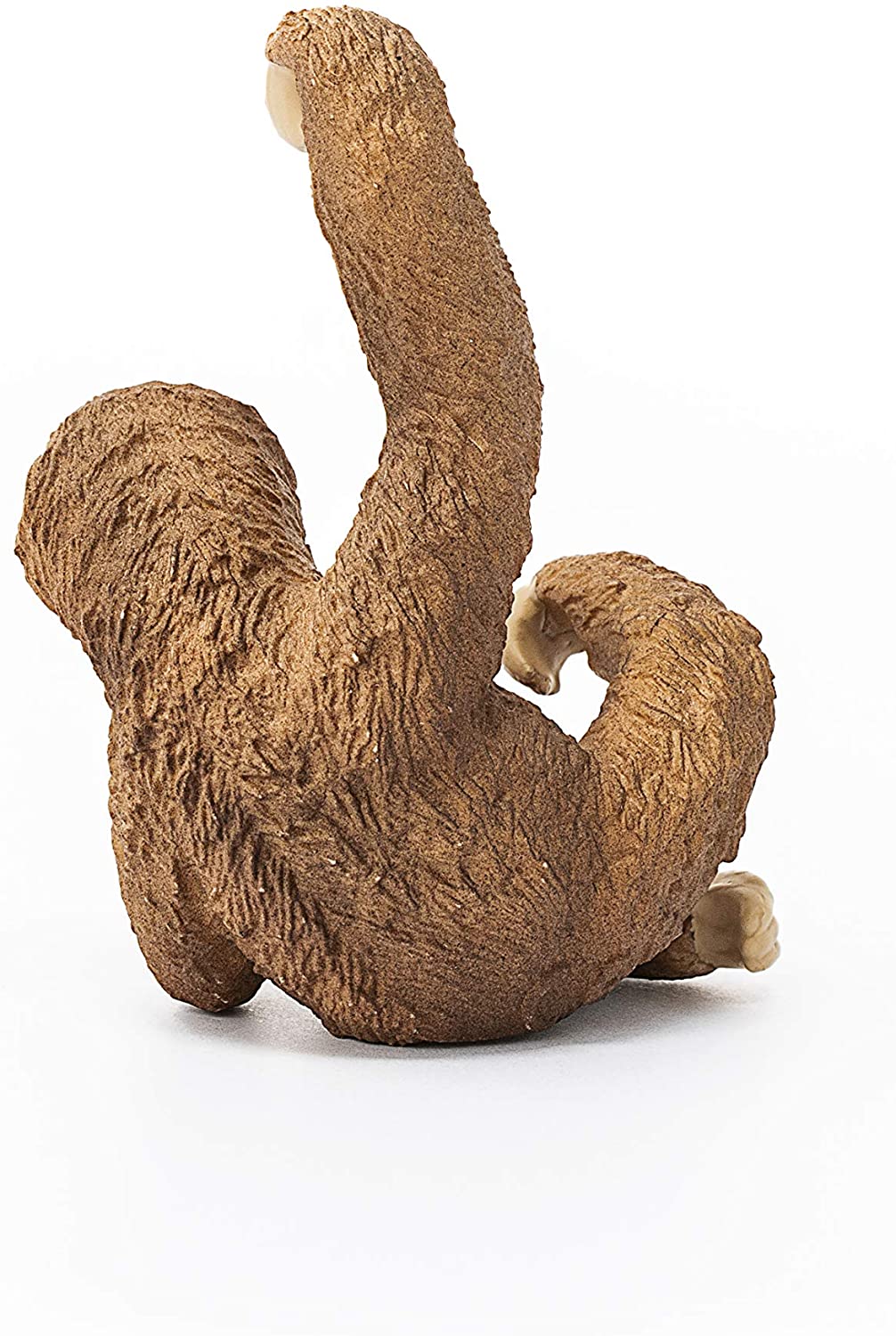 Sloth figurine showing detailed fur and curved claws, depicting its upside-down hanging posture in trees.