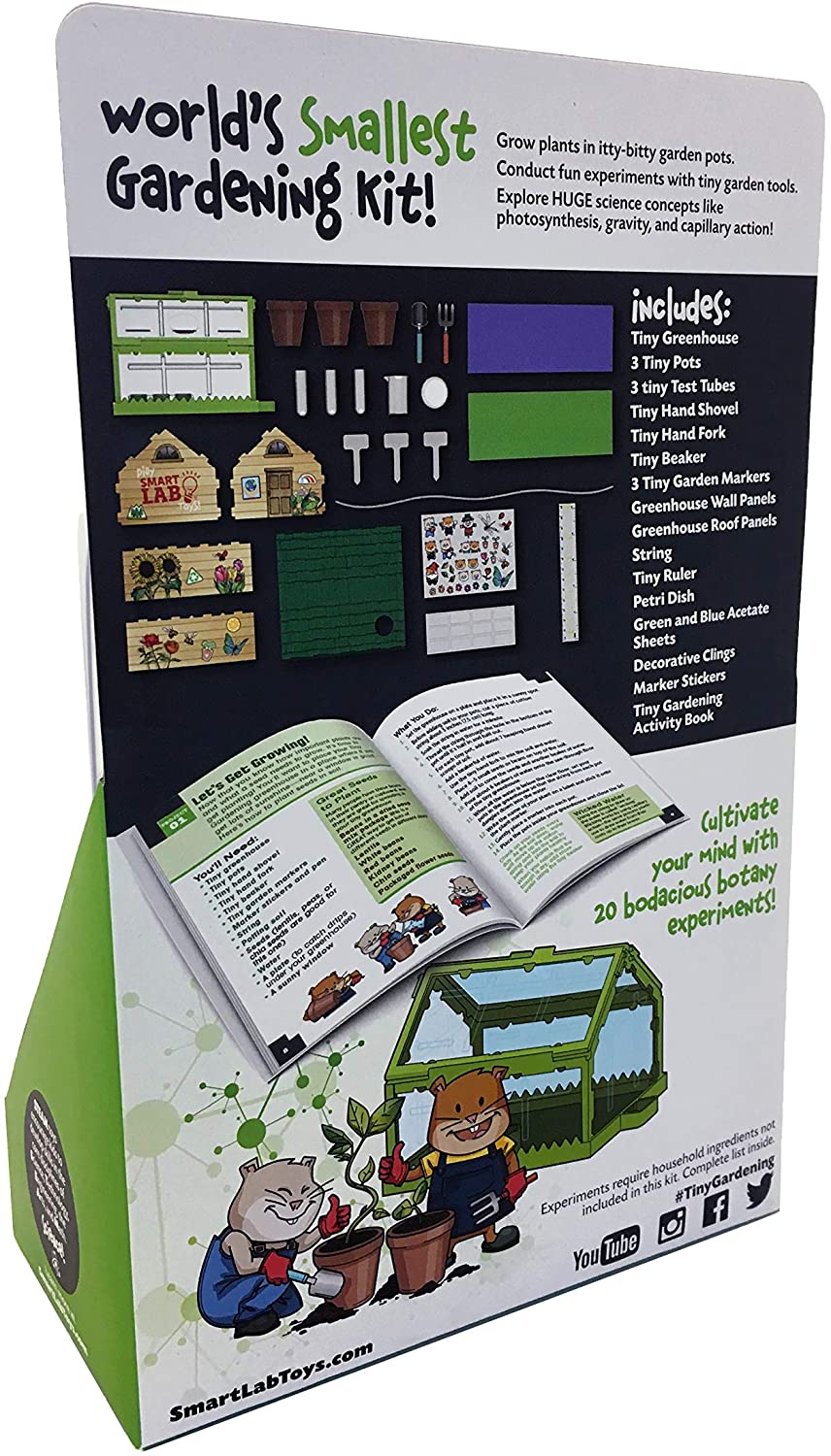 Tiny Tools Tiny Gardening kit box showing miniature greenhouse, gardening tools, pots, and activity book for kids.