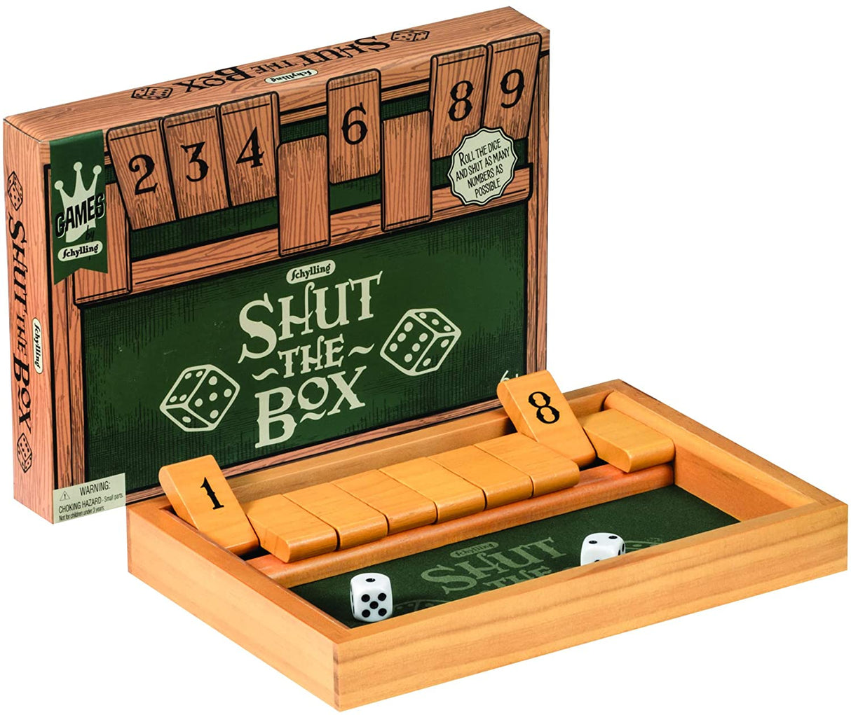 Shut the Box game with wooden numbered tiles, dice, and box for flipping and matching numbers, fun for ages 6 and up.