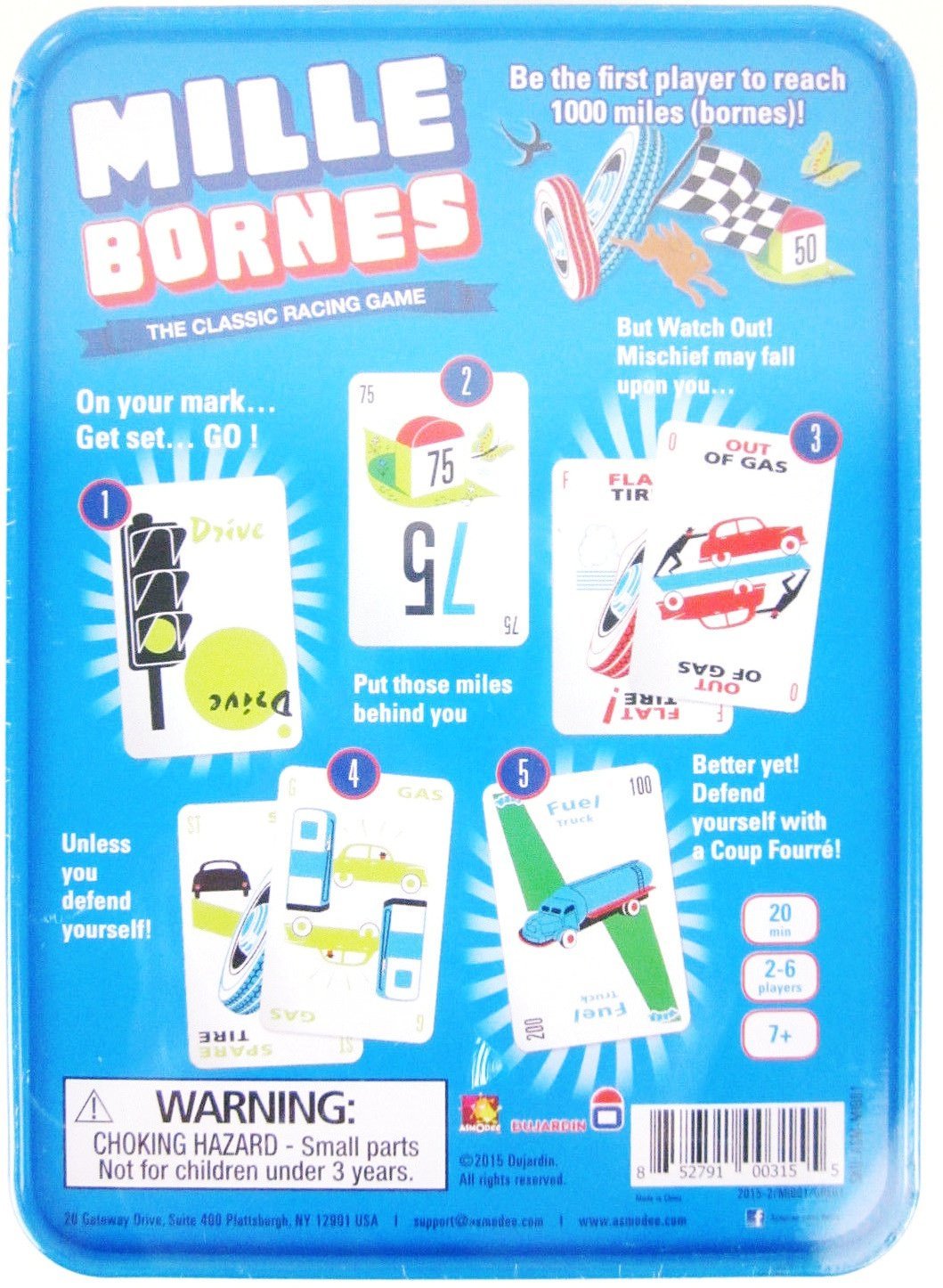 Mille Bornes classic racing card game with colorful cards showing traffic lights, fuel, and hazards for ages 7+ players.