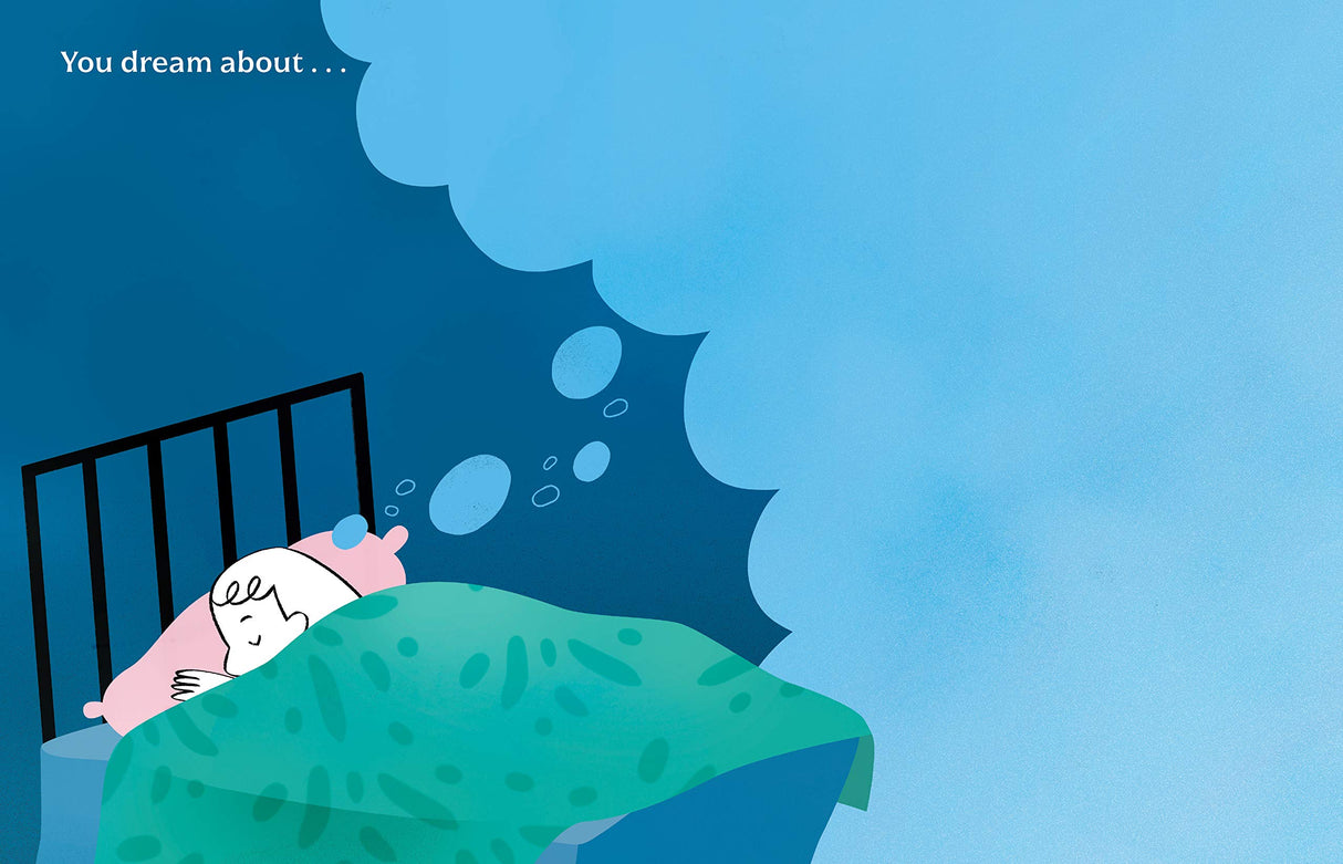 Illustration of a child dreaming in bed, part of the fill-in activity in the book titled A Book About Dad.