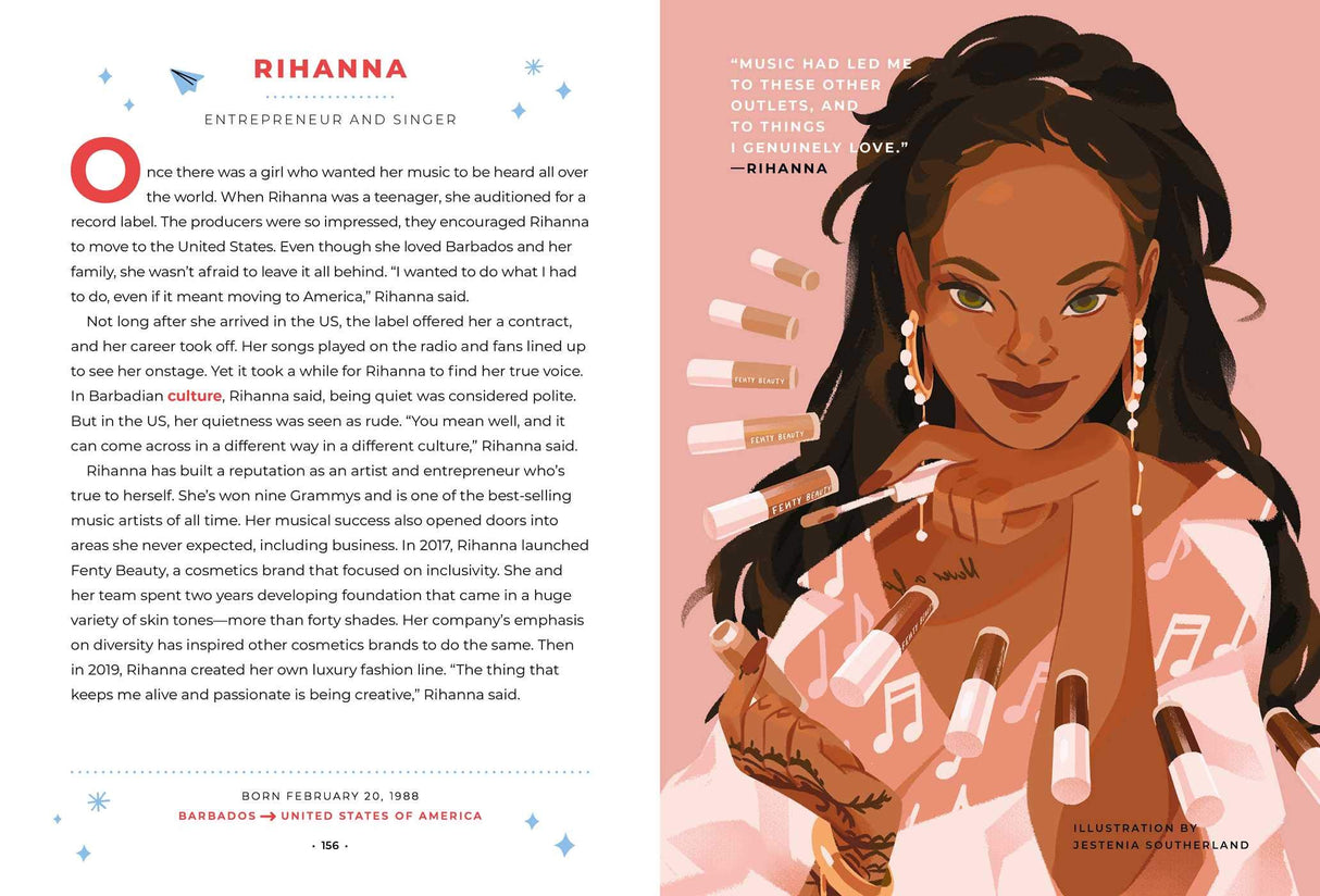 Good Night Stories for Rebel Girls: 100 Immigrant Women Who Changed the World book open to Rihanna story with portrait illustration