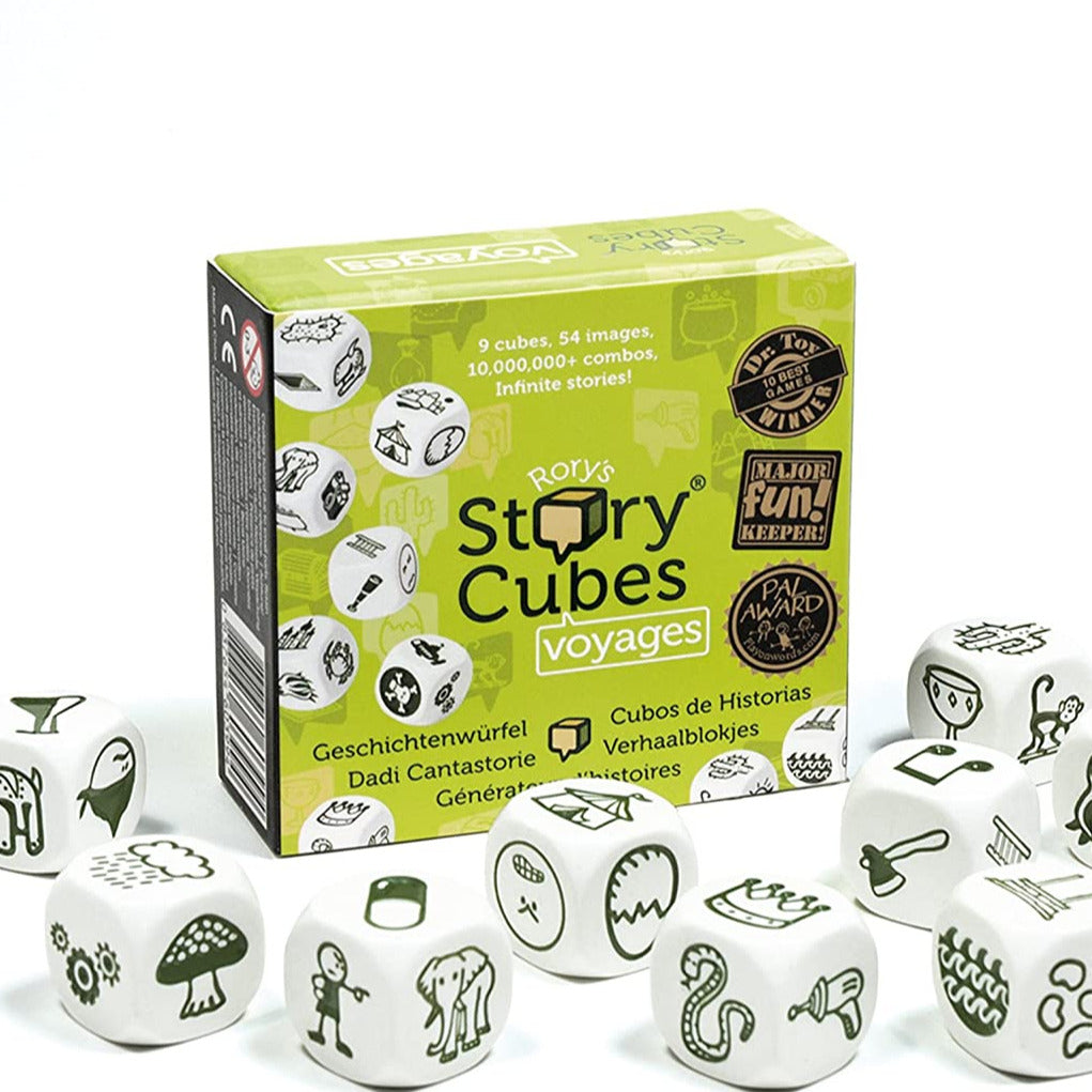 Rory's Story Cubes | Voyages with nine dice featuring travel and adventure symbols in a magnetic green box.