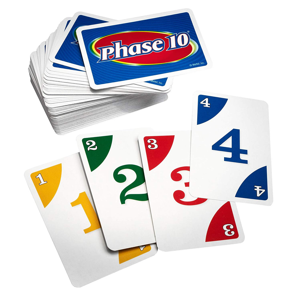 Phase 10 card game showing colorful numbered cards and a deck with the Phase 10 logo on the back.