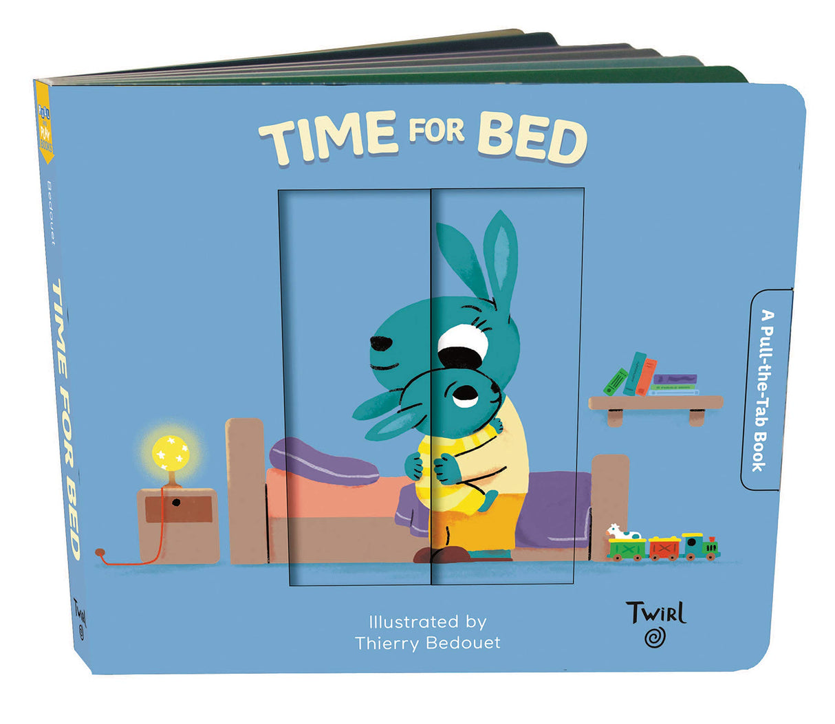 Time For Bed: Pull & Play board book cover showing a parent and child animal hugging in a cozy bedroom.